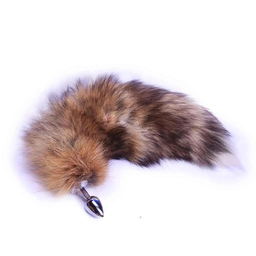 14 Brown Fox Tail Alloy Chrome Butt Plug