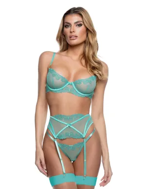 Butterfly Bliss Embroidery Mesh Underwire Bra. Garter Belt & G-String Set