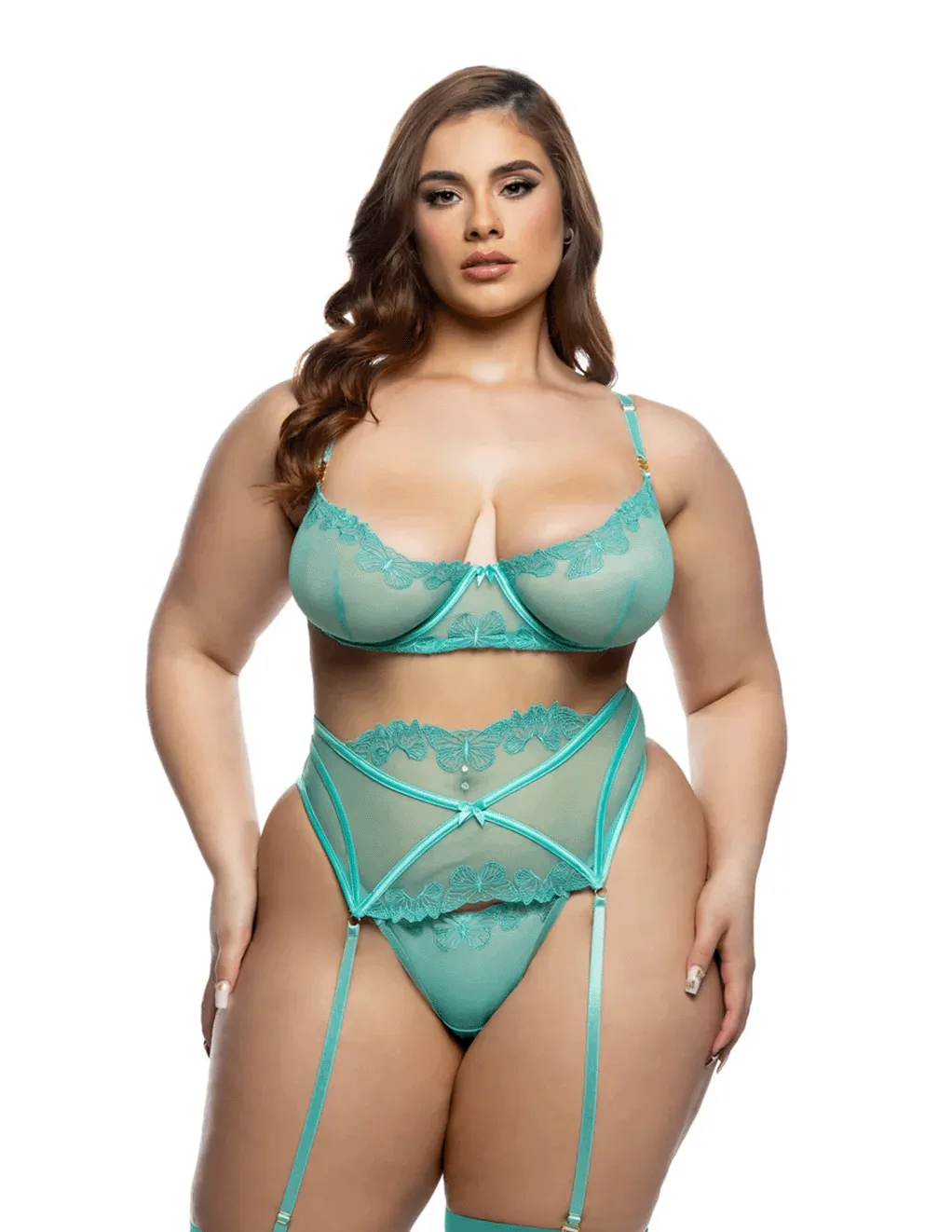 Butterfly Bliss Embroidery Mesh Underwire Bra. Garter Belt & G-String Set