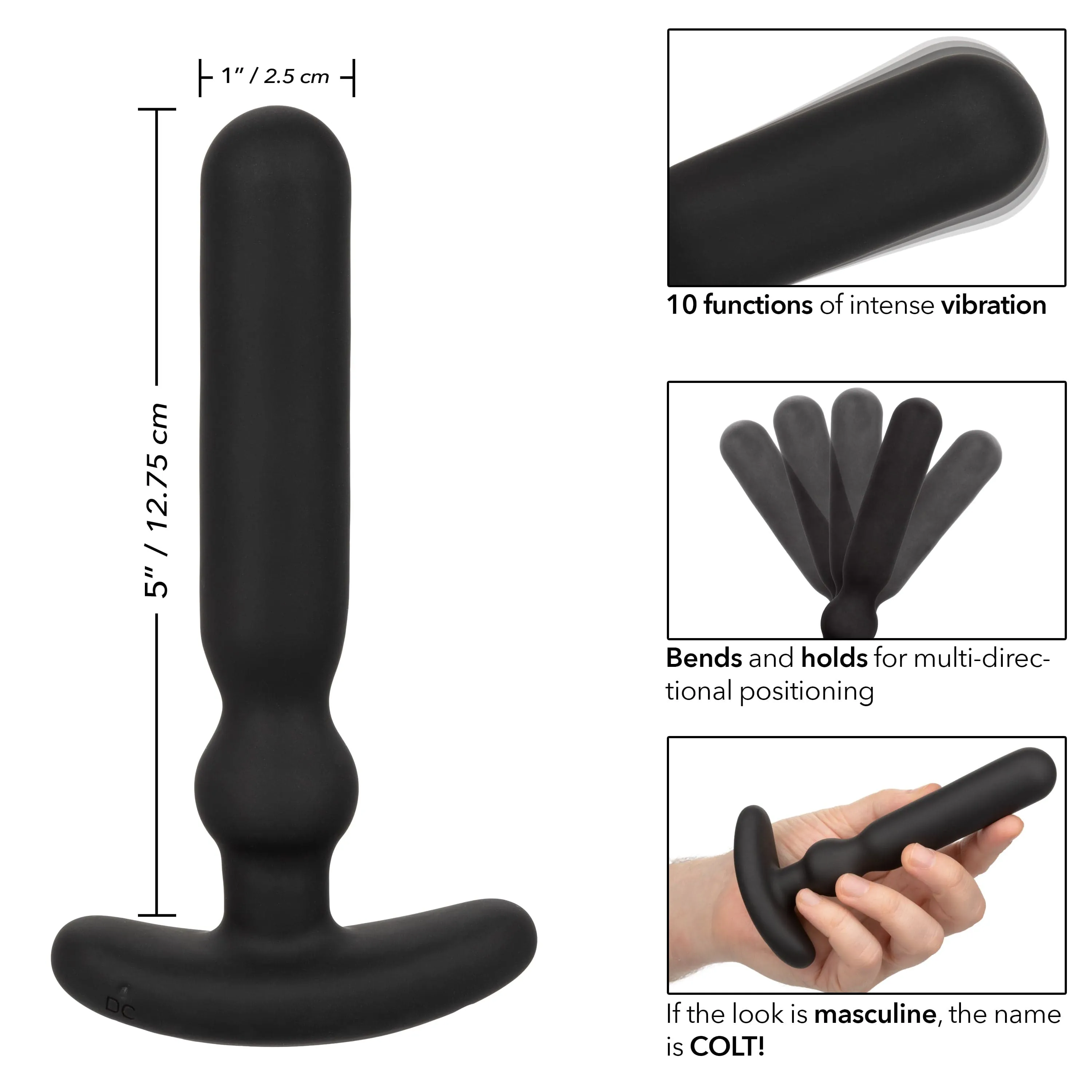 Colt - Rechargeable Large Anal T Vibrating Anal Plug (Black)