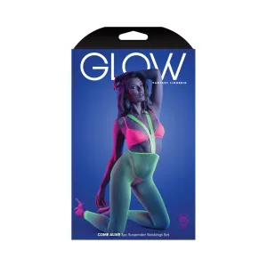 Fantasy Lingerie Glow Come Alive 3-Piece Bralette. G-String & Suspender Stockings Set Neon Green O/S