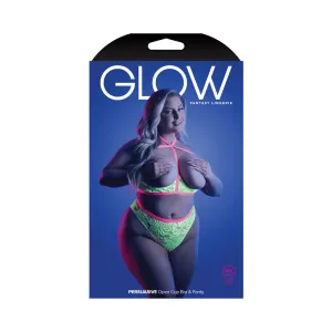 Fantasy Lingerie Glow Persuasive Contrast Elastic Open Cup Lace Cage Bra & Panty Neon Green Queen Size