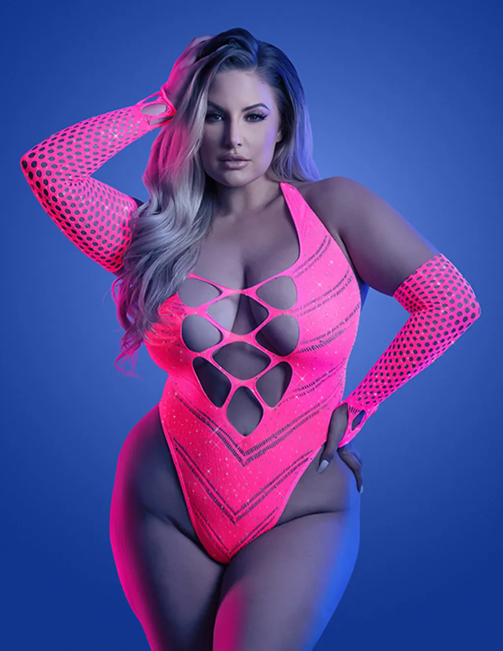 GLOW Flashback Rhinestone Fishnet Teddy & Gloves Set