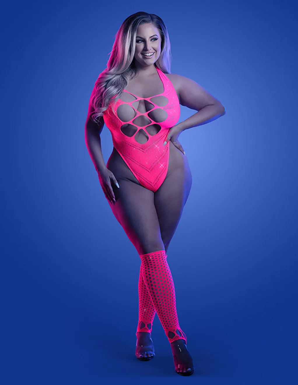 GLOW Flashback Rhinestone Fishnet Teddy & Gloves Set
