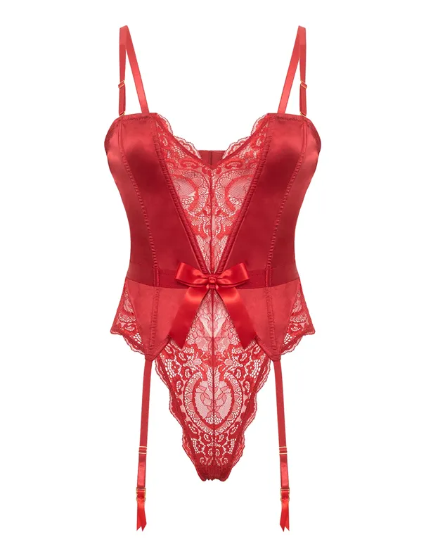 Rumi Stretch Satin & Lace Boned Teddy w. Bows and Garters