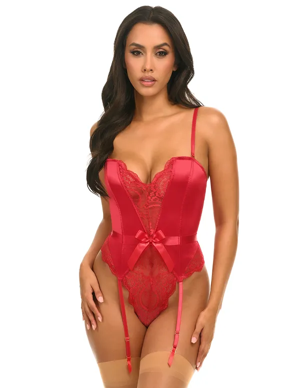 Rumi Stretch Satin & Lace Boned Teddy w. Bows and Garters
