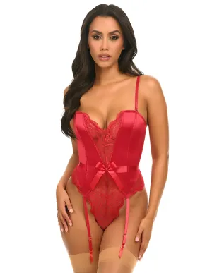 Rumi Stretch Satin & Lace Boned Teddy w. Bows and Garters