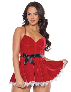 Velvet Underwire Boned Bodice Belted Dress w. Embroidered Lace Edges