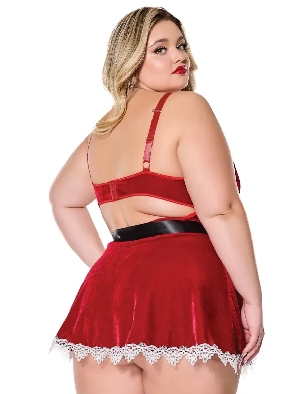 Velvet Underwire Boned Bodice Belted Dress w. Embroidered Lace Edges