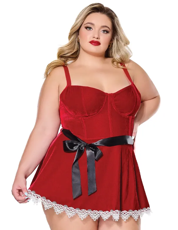 Velvet Underwire Boned Bodice Belted Dress w. Embroidered Lace Edges
